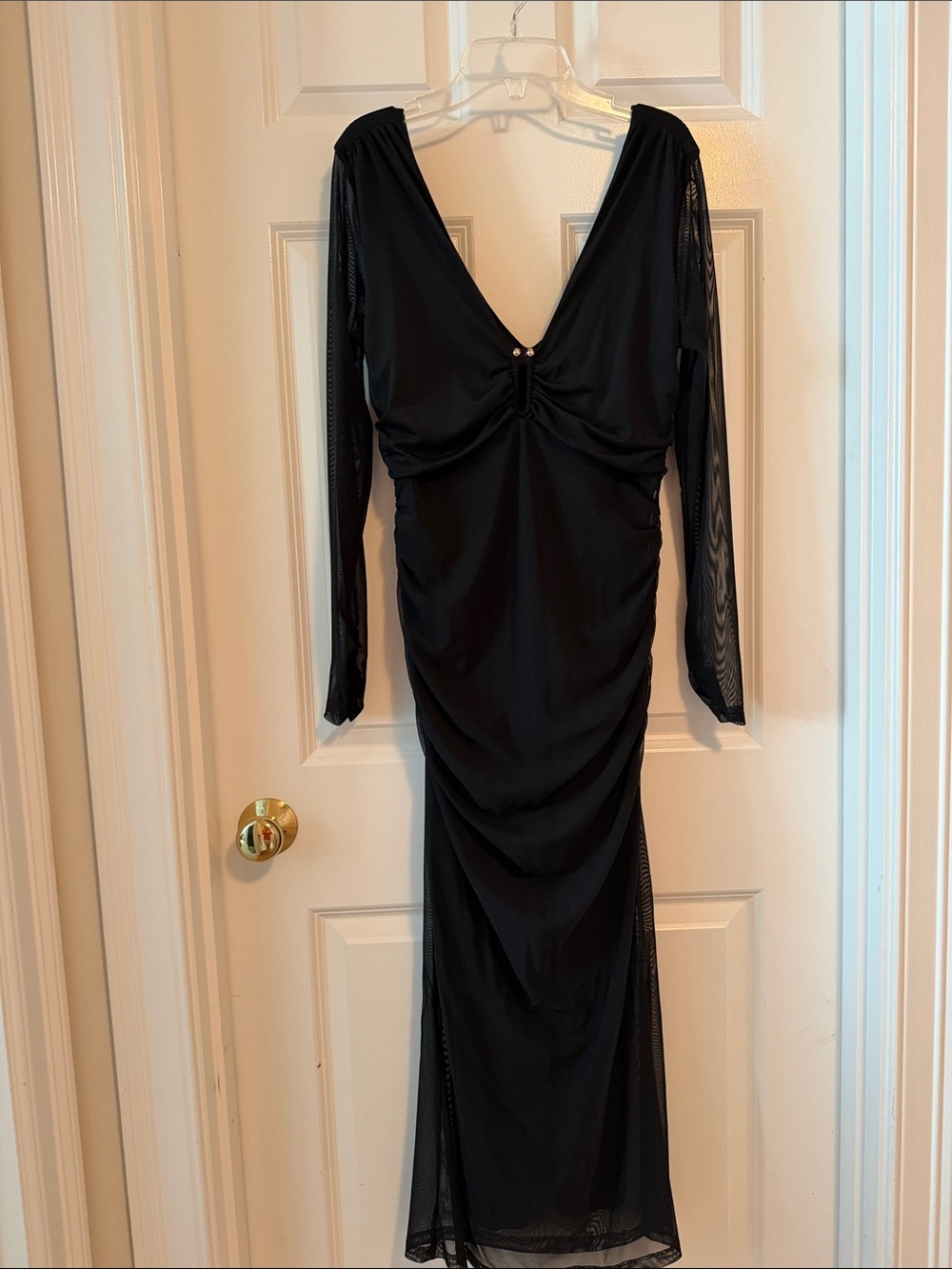 Anthropologie Black Long-Sleeve V-Neck Ruched Evening Dress